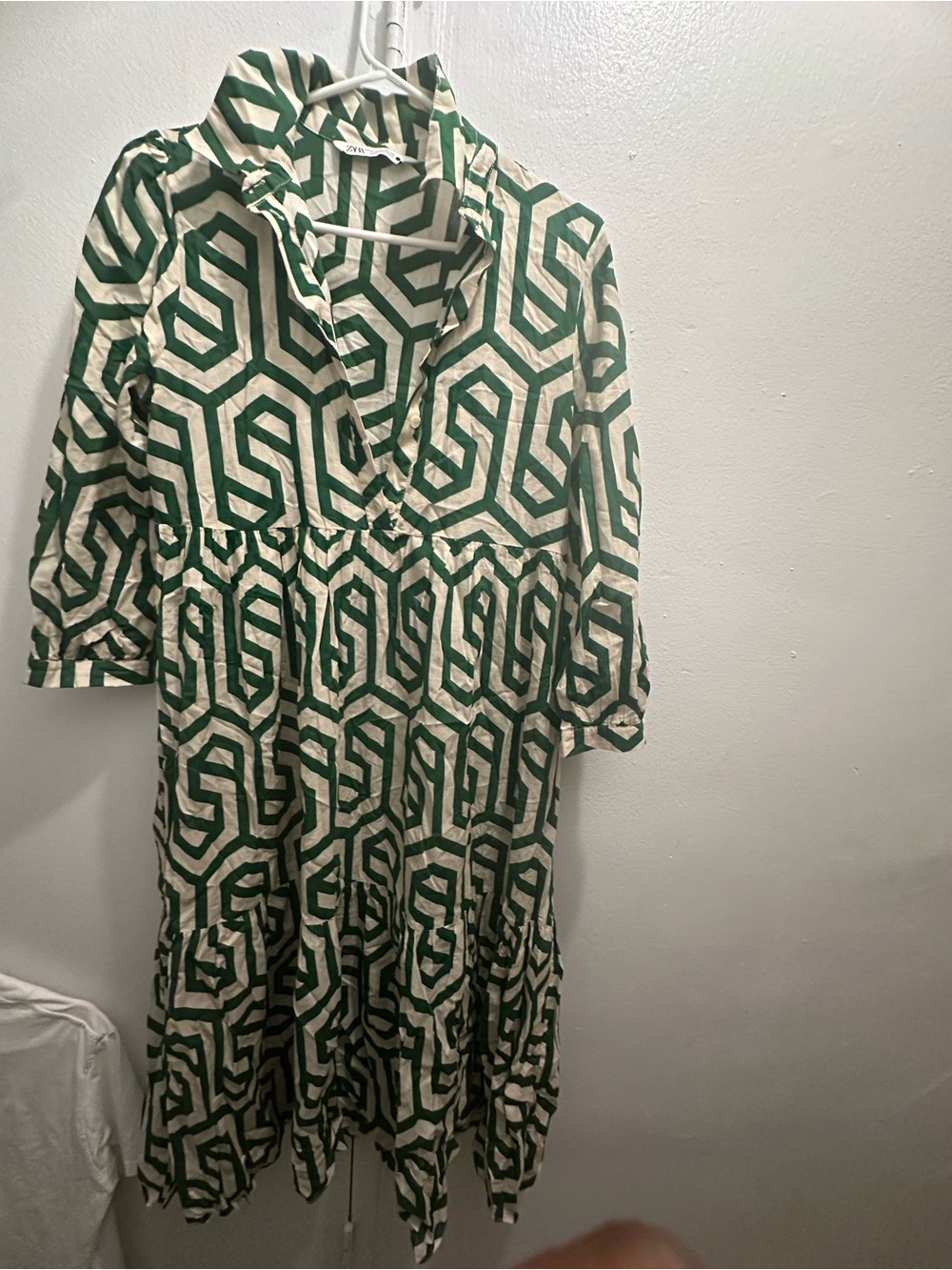 Zara Green & Cream Geometric Tiered Midi Dress